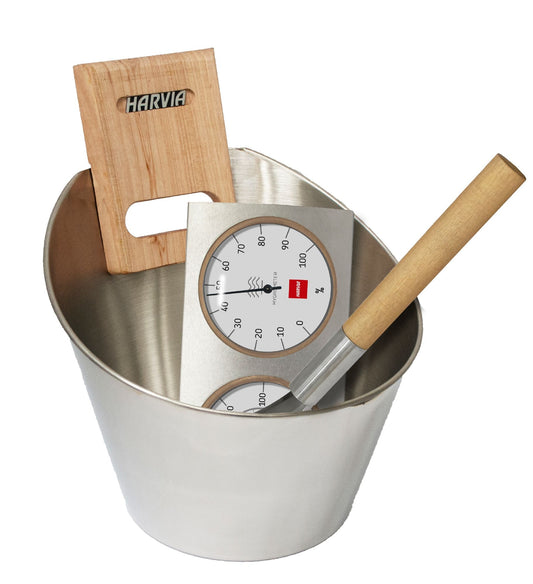Harvia Steel Sauna Bucket & Ladle Set w/ Thermometer & Hygrometer - 01_hero.jpg